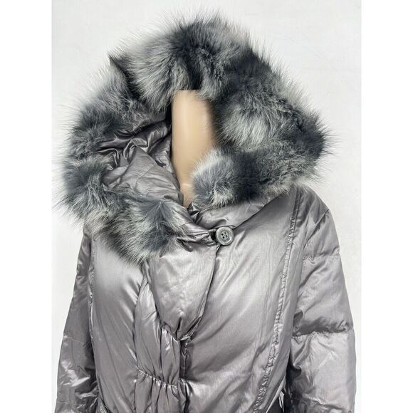 Adrienne Landau Large‎ Anorak Coat Gray Fox Fur Trim Hooded Belted Puffer Jacket - Picture 2 of 12